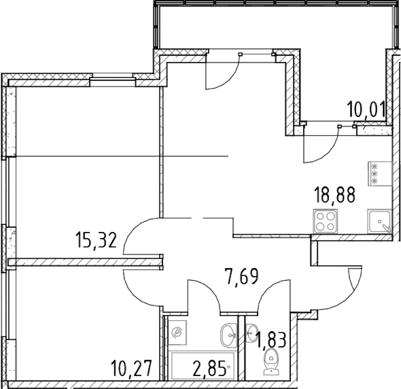 2-комнатная квартира 56.84 м², 17/23 эт., ЖК «Город Первых»